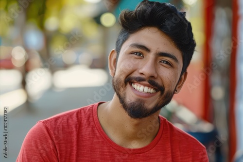 Happy Hispanic student receives good news smiles at camera.