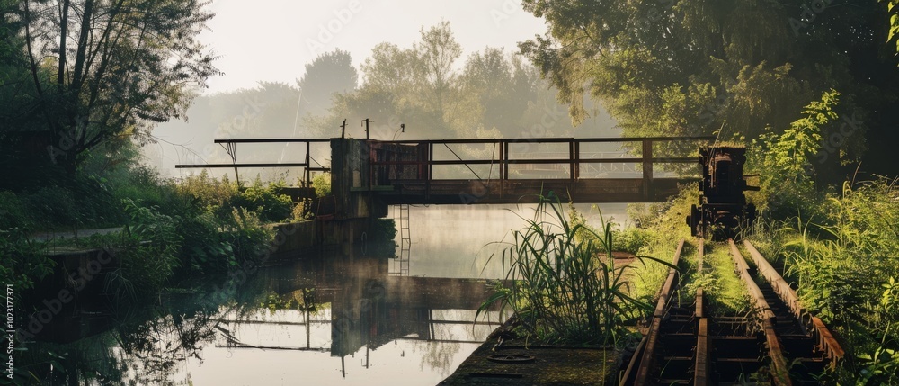 Fototapeta premium A misty river scene with an old bridge, surrounded by lush greenery and gentle morning light, creating a peaceful, secluded atmosphere.