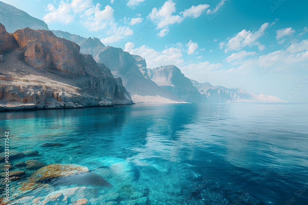 Serene Coastal Landscape with Majestic Mountains and Crystal Clear Waters Serene Coastal Landscape with Majestic Mountains and Crystal Clear Waters