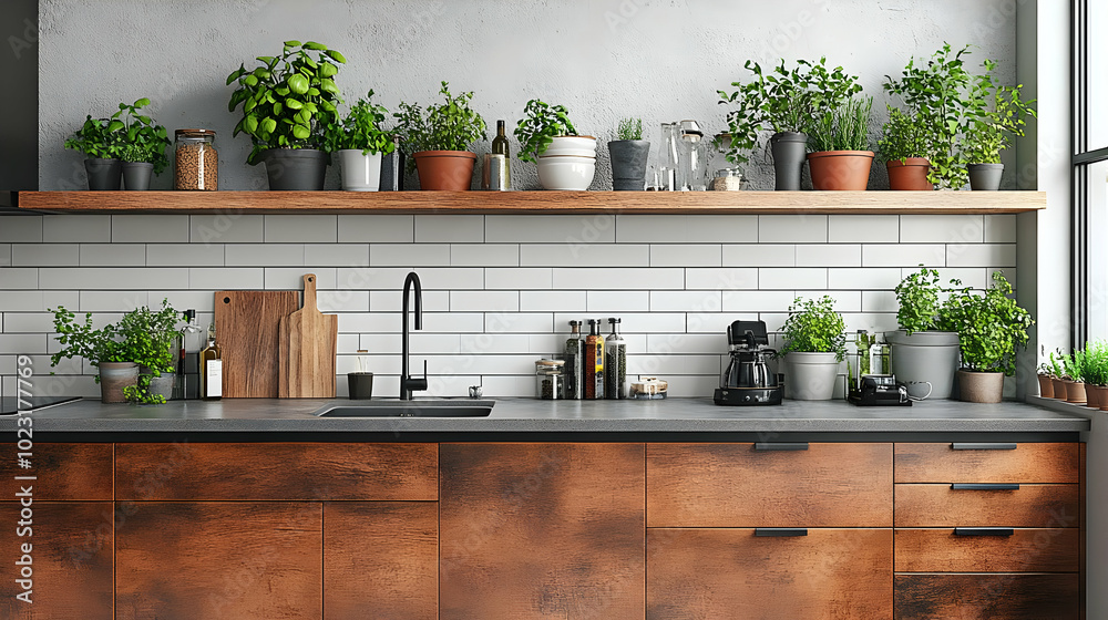 Modern kitchen with wooden cabinets and various indoor plants. Modern kitchen with wooden cabinets and various indoor plants.