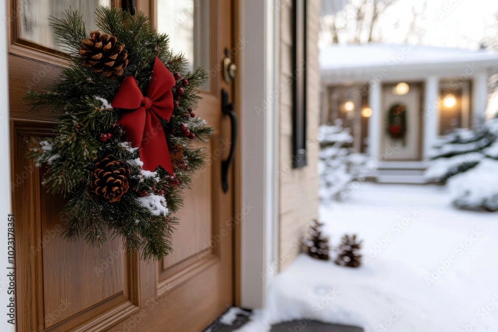 A rustic wooden door with a festive wreath featuring pinecones and berries. Frozen snow lightly dusts the ground, creating a peaceful winter scene. A rustic wooden door with a festive wreath featuring pinecones and berries. Frozen snow lightly dusts the ground, creating a peaceful winter scene.