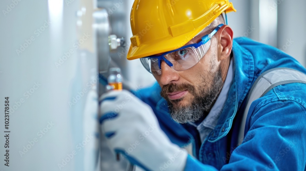 A focused worker in a yellow hard hat uses tools to repair machinery, showcasing safety and professionalism in an industrial setting. A focused worker in a yellow hard hat uses tools to repair machinery, showcasing safety and professionalism in an industrial setting.