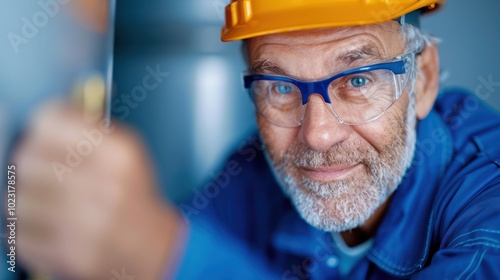 A smiling older worker in a hard hat, equipped with safety goggles, is engaged in a hands-on task, showcasing expertise and professionalism in a workshop setting.