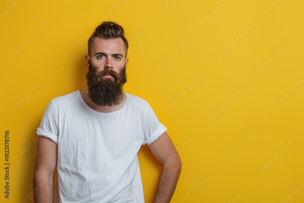 Confident bearded man posing with copy space on wall. Confident bearded man posing with copy space on wall.