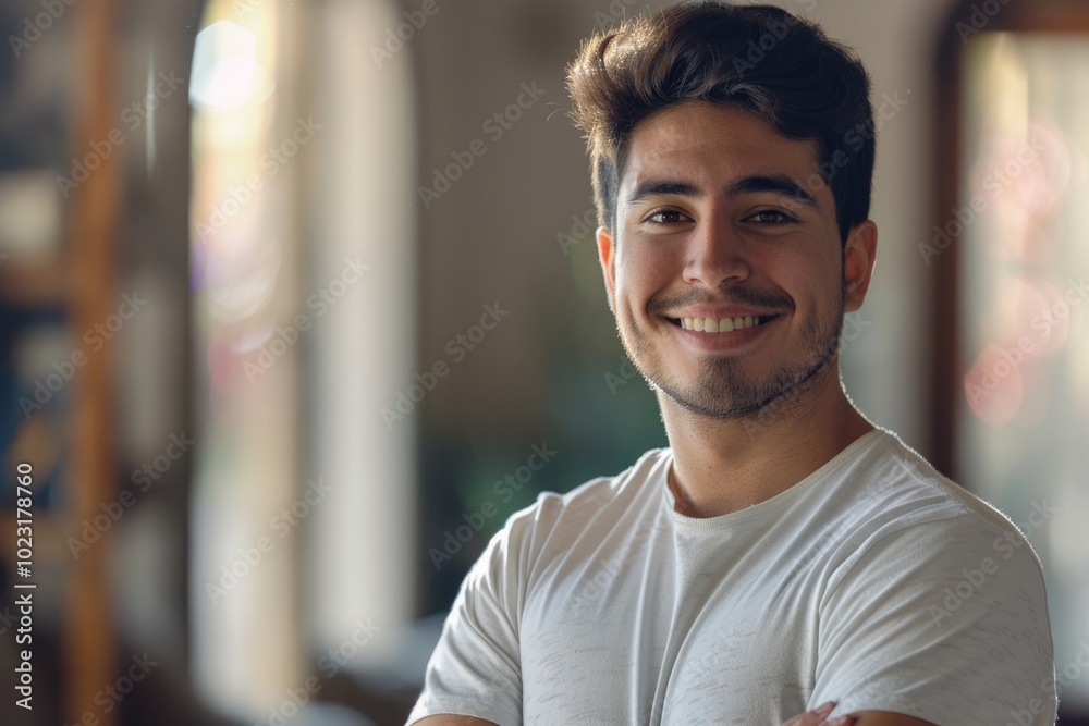 Happy young Hispanic man in casual clothes smiling at camera. Happy young Hispanic man in casual clothes smiling at camera.