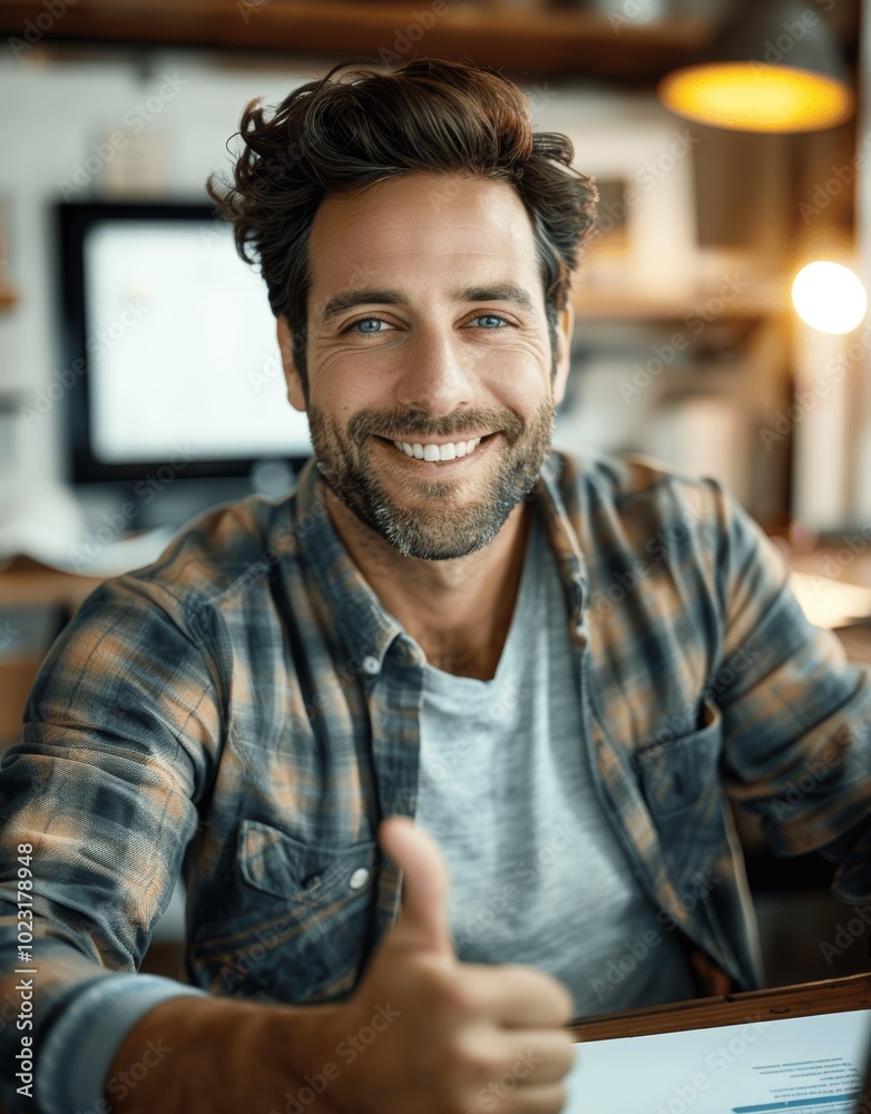 Smiling man in office with tablet and thumbs up, working on finance and investment report at night Smiling man in office with tablet and thumbs up, working on finance and investment report at night