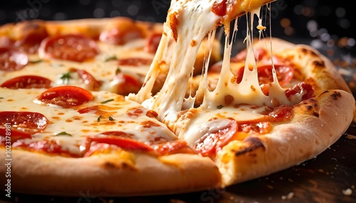 Delicious pepperoni pizza with stretchy cheese, close-up food photography for menus