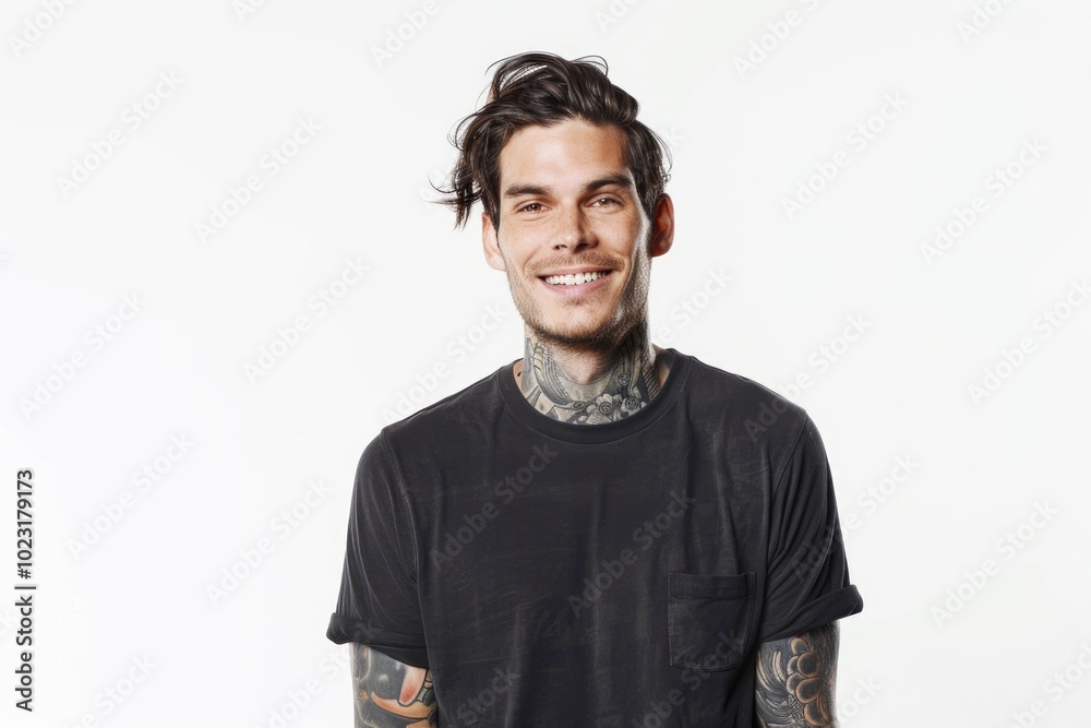 Happy young man with tattoo and t shirt smiles. Lucky. Happy young man with tattoo and t shirt smiles. Lucky.