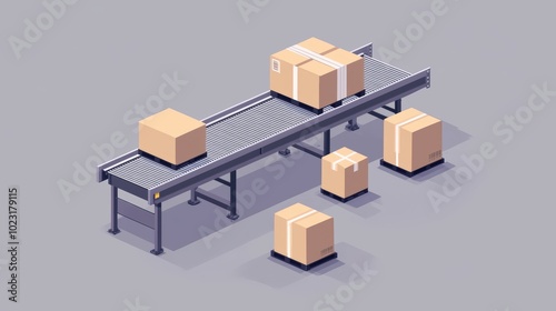 A digital illustration of a conveyor belt system with several cardboard boxes in various positions, representing logistics and package handling.