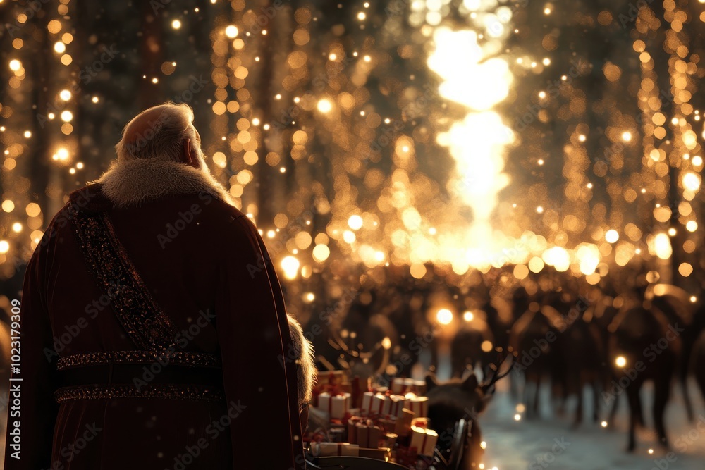 Santa stands by a sled filled with gifts, gazing down a glowing path lit with golden lights, with reindeer gathered in a festive and enchanting forest setting. Santa stands by a sled filled with gifts, gazing down a glowing path lit with golden lights, with reindeer gathered in a festive and enchanting forest setting.