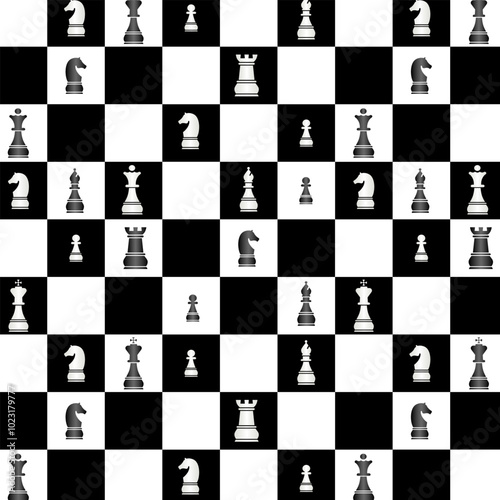 Pattern with chess pieces on the board.Vector seamless pattern with chess pieces on black and white squares.