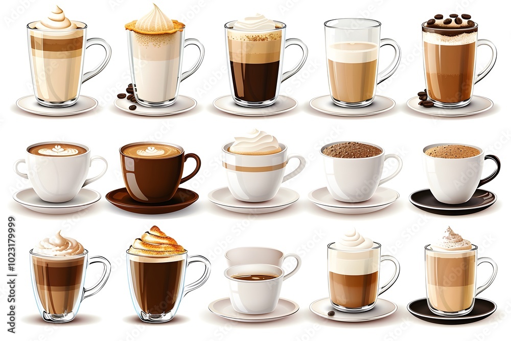 A Delightful Array of Coffee Varieties in Elegant Cups A Delightful Array of Coffee Varieties in Elegant Cups