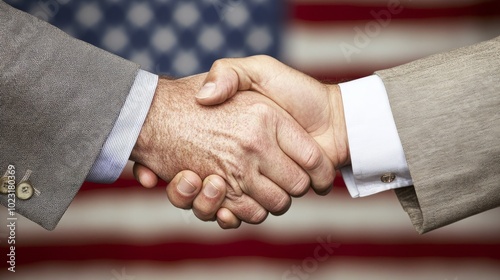 Patriotic Unity - Politicians Shaking Hands with American Flag Background photo