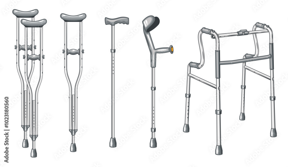 Crutches and walking aid, medical tool for disability or disabled people, Physiotherapy treatment isolated on white. Medical Education Illustration Crutches and walking aid, medical tool for disability or disabled people, Physiotherapy treatment isolated on white. Medical Education Illustration
