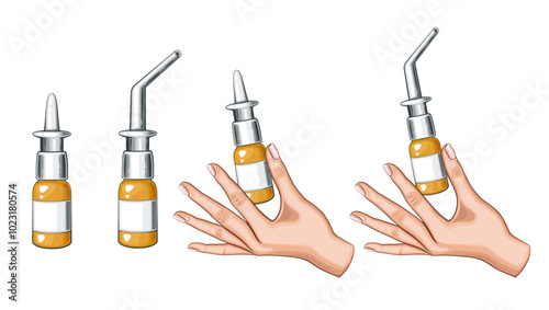 Nasal drops and throat spray vector illustration.  Hand holding nasal drops isolated on white. Medical Education Illustration