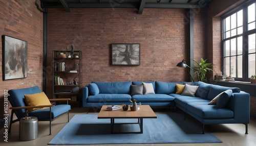 Blue industrial style interior design living room 