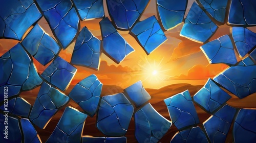 A vibrant sunset scene viewed through shattered blue glass, creating a striking visual effect.