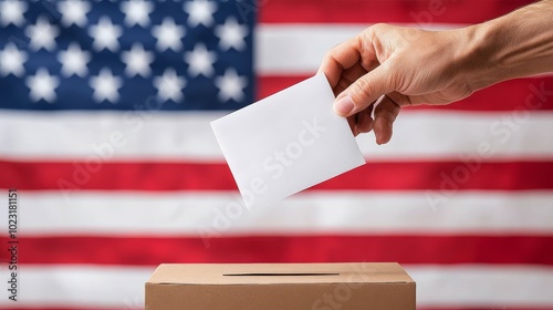 Democracy in Action - Ballot Cast into Box with American Flag Background