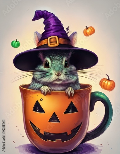 an adorable witch chinchila, wearing a witch hat sitting in a coffee cup, painted with a Halloween theme, the color theme consists of black, purple, orange, and green,  photo