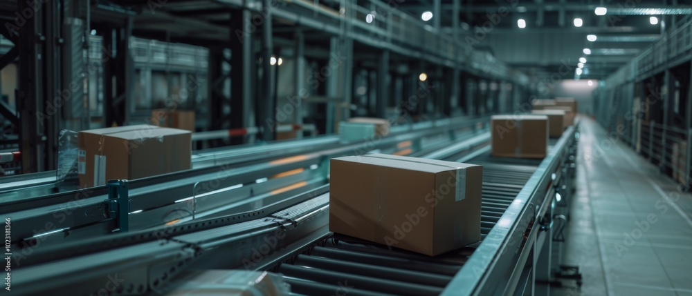 A series of cardboard boxes move steadily along a conveyor belt in a dimly lit warehouse, symbolizing the rhythm of industrial operations. A series of cardboard boxes move steadily along a conveyor belt in a dimly lit warehouse, symbolizing the rhythm of industrial operations.