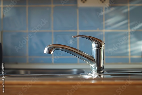 Modern Kitchen Faucet with Blue Tile Background