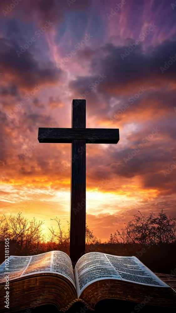 Wooden cross silhouette against sunset with open bible in foreground. Spiritual faith and inspiration concept Wooden cross silhouette against sunset with open bible in foreground. Spiritual faith and inspiration concept