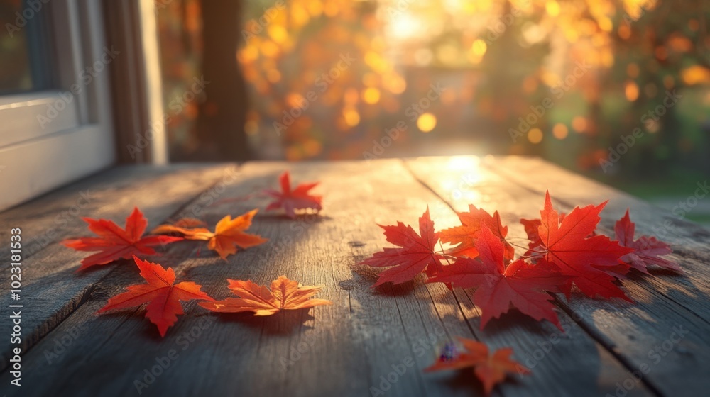 Obraz premium Fall Home Decor with Red Maple Leaves on Textured Wooden Surface