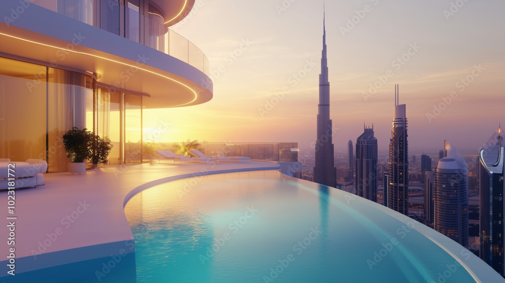 Fototapeta premium Stunning modern luxury penthouse with city skyline view in dubai at sunset