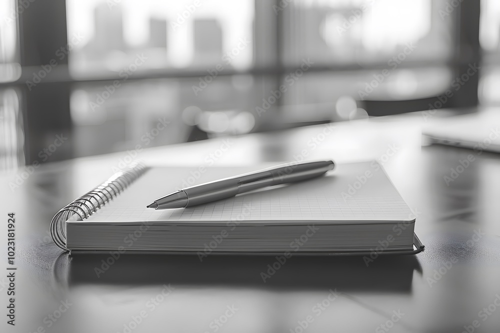 A Minimalist Workspace: Notebook and Pen on a Table with City View A Minimalist Workspace: Notebook and Pen on a Table with City View