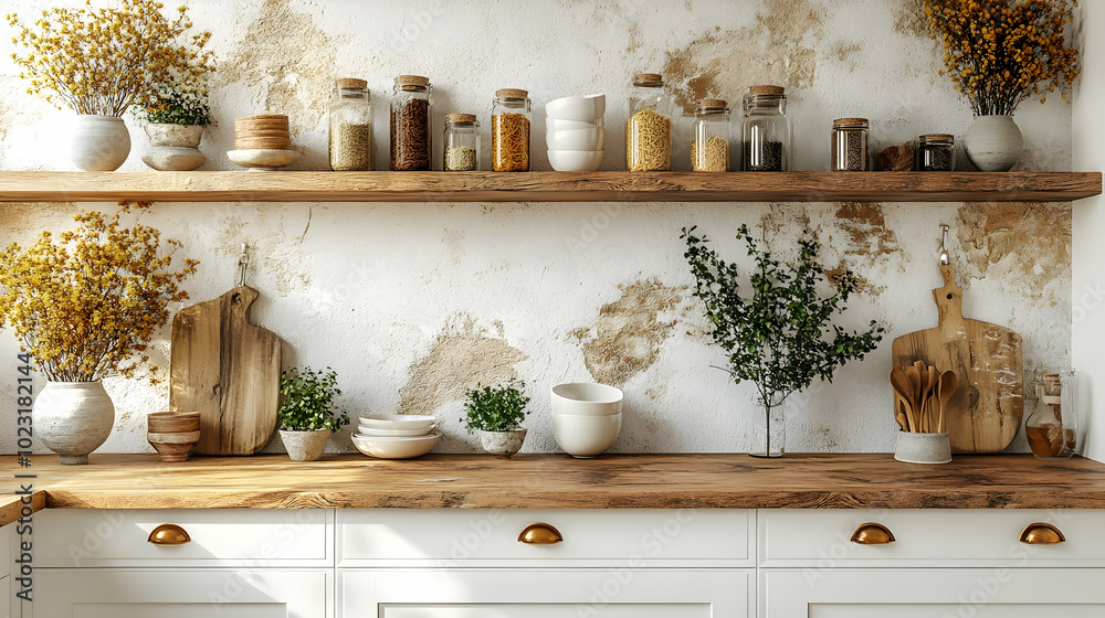 Cozy kitchen shelf with jars, plants, and rustic decor elements. Cozy kitchen shelf with jars, plants, and rustic decor elements.