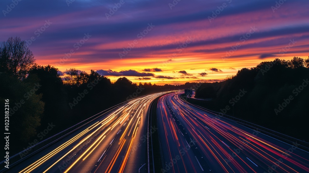 A scenic sunset framing a UK motorway filled with fast-moving traffic, the sky glowing in shades of orange and purple as the vehicles stream by. A scenic sunset framing a UK motorway filled with fast-moving traffic, the sky glowing in shades of orange and purple as the vehicles stream by.
