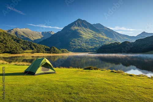 Serene Mountain Lake with Tent and Lush Green Landscape