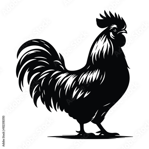 Silhouette of a rooster standing in grass, depicted in a vector style, showcasing a striking contrast against the background photo