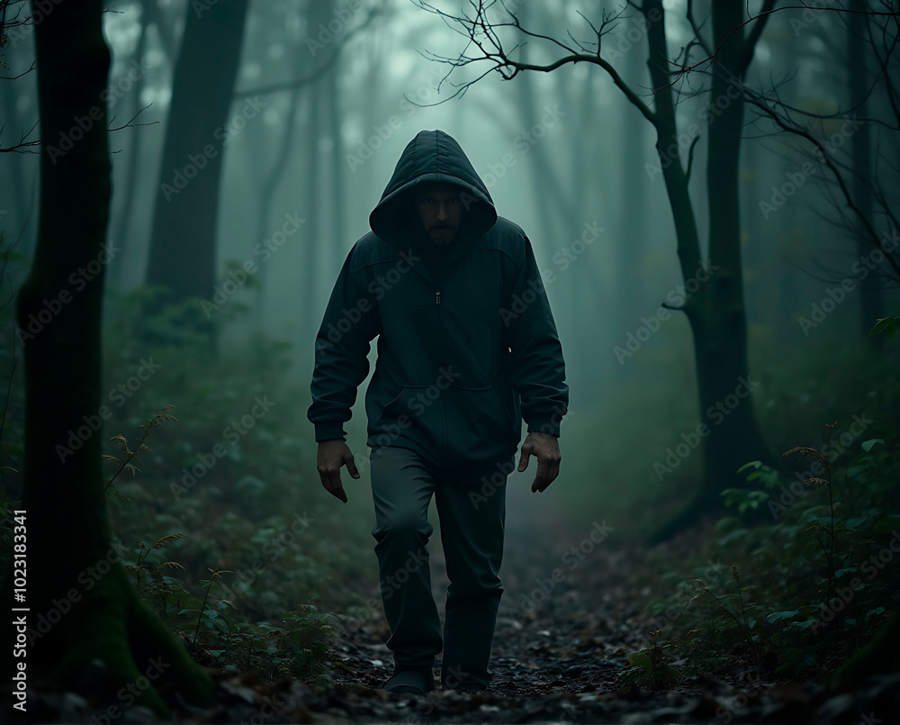 Mysterious man walking through a foggy forest path with a hooded jacket Mysterious man walking through a foggy forest path with a hooded jacket