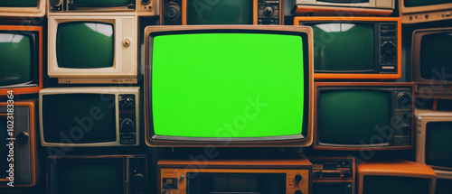 vintage television set with green screen is prominently displayed among collection of retro TVs in vibrant room. This nostalgic setup evokes sense of warmth and memories