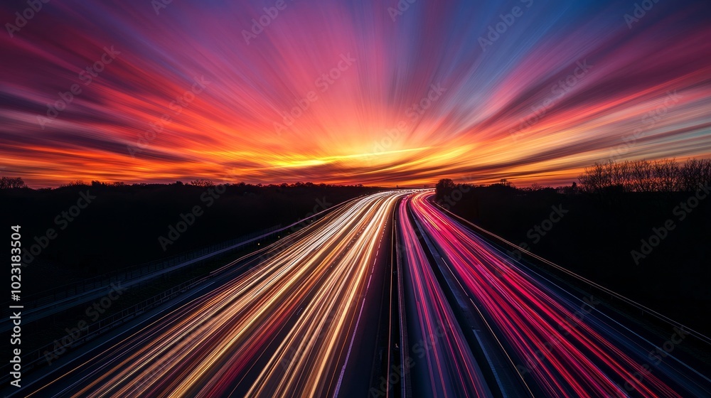 Heavy traffic on a UK motorway during sunset, with vehicles speeding toward the horizon under a sky painted with warm, evening colors. Heavy traffic on a UK motorway during sunset, with vehicles speeding toward the horizon under a sky painted with warm, evening colors.