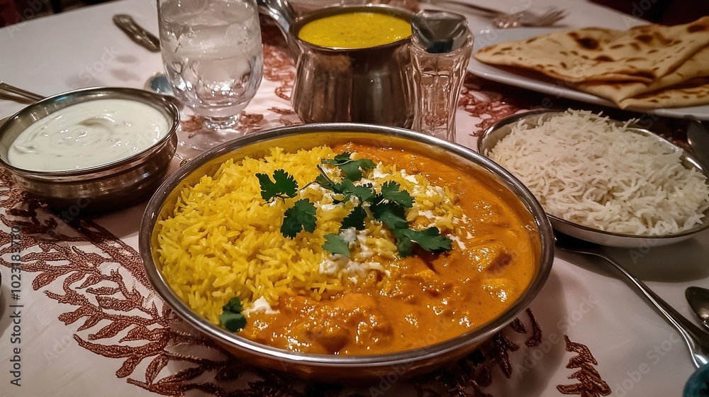 Beautifully Set Table with Chicken Korma Dish Beautifully Set Table with Chicken Korma Dish