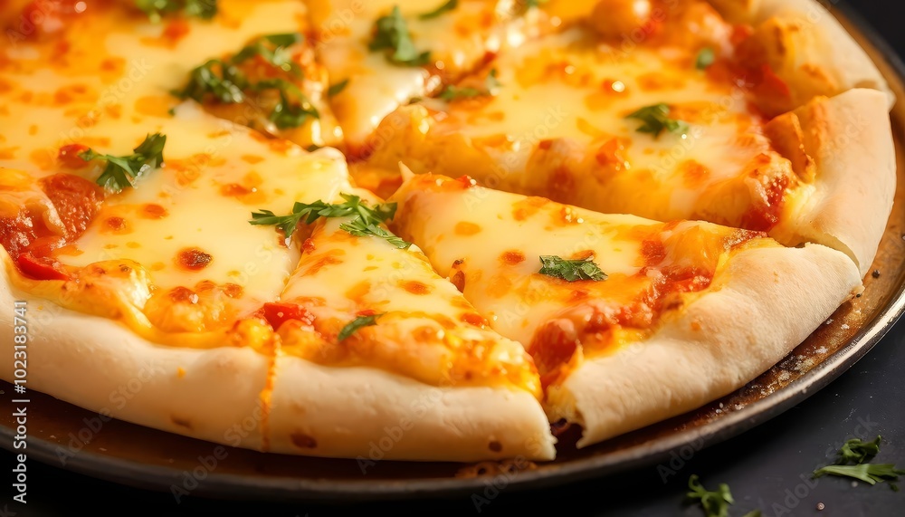 Delicious cheesy pizza with parsley garnish, vibrant warm colors, perfect menu image Delicious cheesy pizza with parsley garnish, vibrant warm colors, perfect menu image
