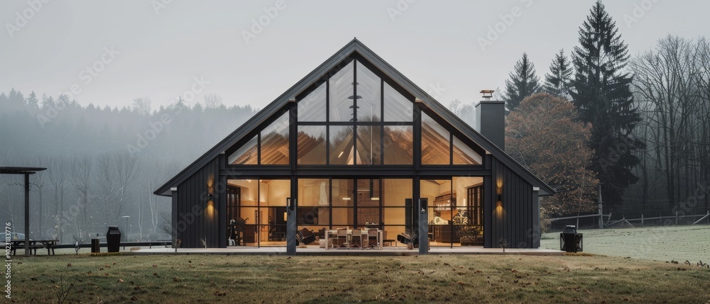Obraz premium A modern A-frame house with expansive glass walls stands serenely amidst a misty woodland, showcasing a cozy interior glow against the tranquil forest backdrop.