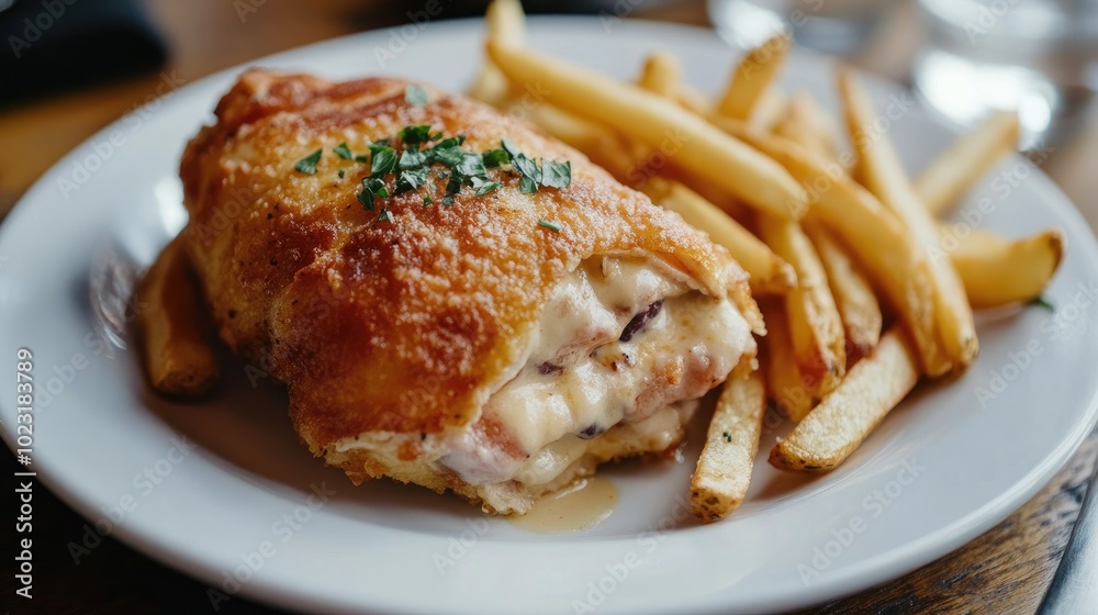 Crispy Chicken Cordon Bleu with French Fries Presentation Crispy Chicken Cordon Bleu with French Fries Presentation