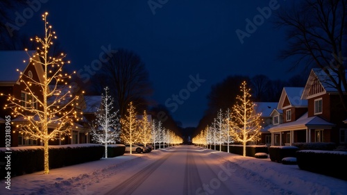 Christmas Holiday lights twinkling on a street lined with snow-covered houses and trees.