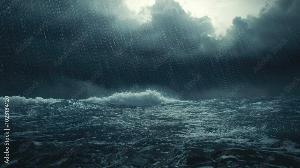 A dramatic rainstorm over the ocean, with dark clouds and heavy rain falling over the waves. A dramatic rainstorm over the ocean, with dark clouds and heavy rain falling over the waves.