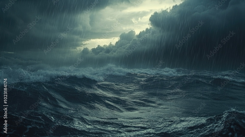 A dramatic rainstorm over the ocean, with dark clouds and heavy rain falling over the waves. A dramatic rainstorm over the ocean, with dark clouds and heavy rain falling over the waves.