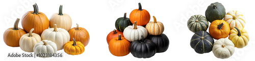 A variety of colorful pumpkins arranged in three clusters, showcasing unique shapes and colors against a dark background. photo