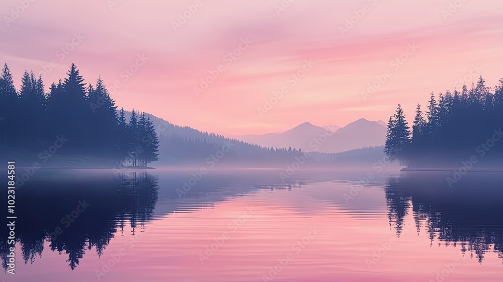 A dreamy pink sky reflected in the calm waters of a lake, with a silhouette of trees on the horizon. A dreamy pink sky reflected in the calm waters of a lake, with a silhouette of trees on the horizon.