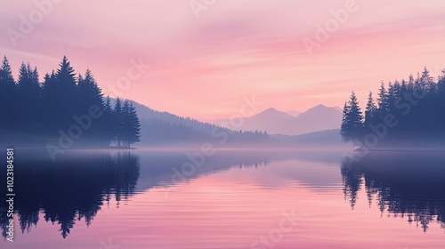 A dreamy pink sky reflected in the calm waters of a lake, with a silhouette of trees on the horizon.