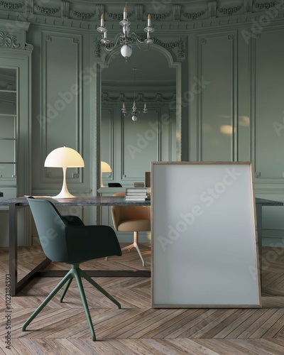 modern classic home office interior background with desk and chair. poster mockup. 3d rendering