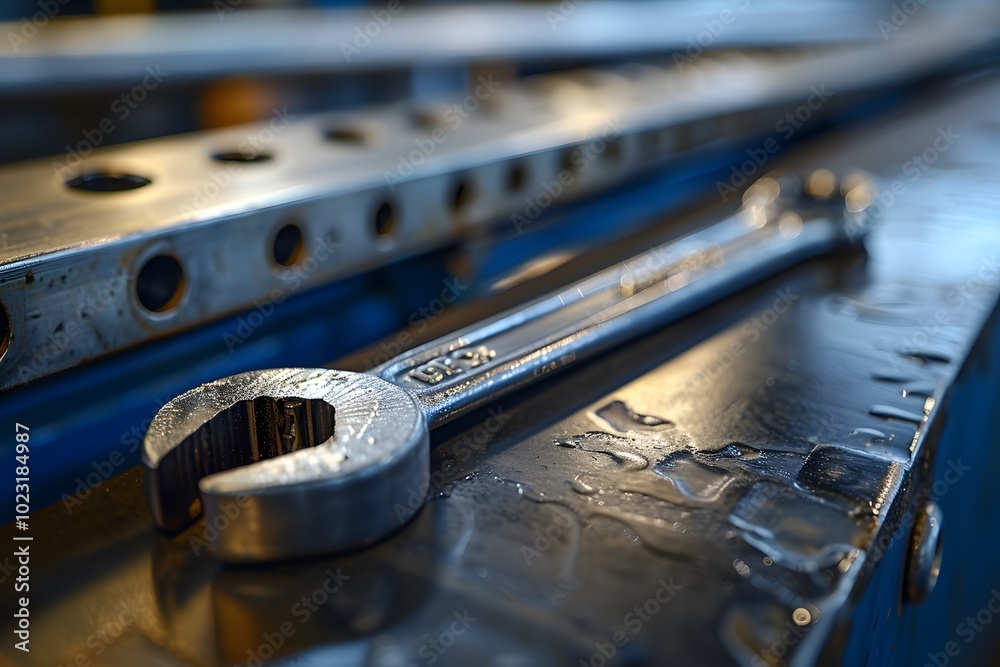 Close-Up of a Metal Wrench on a Workshop Surface Close-Up of a Metal Wrench on a Workshop Surface