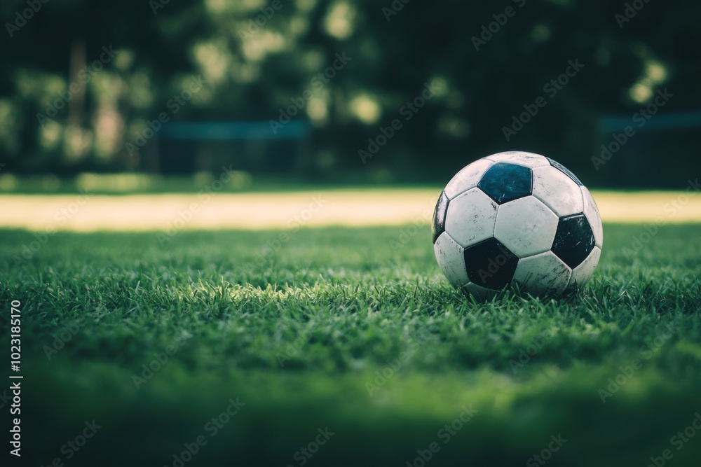 Fototapeta premium Dynamic shot of a soccer ball resting on a green field during a sunny day