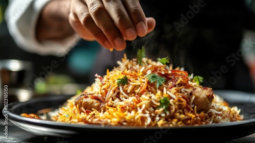 Chef Adds Final Touch of Fried Onions to Dish